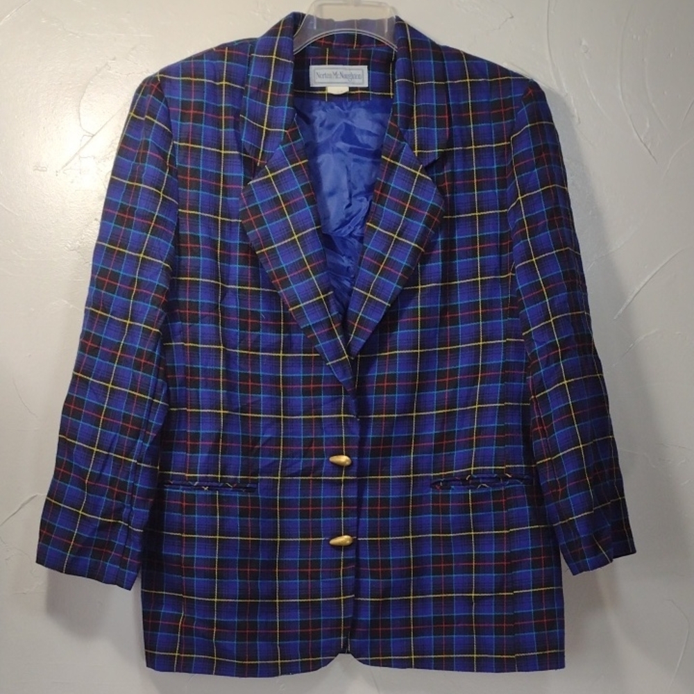 Vintage Norton McNaughton Blue Plaid Blazer with Gold Buttons Women's 14